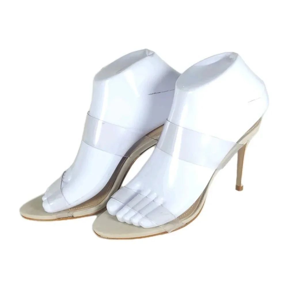 Schutz Women's US 6,5B Venyl Clear Beige Suede Stiletto Heels Sandals